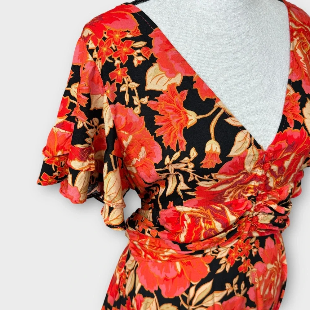 Anthropologie NWT Abel the Label‎ Maxi Dress S Red Floral Smocked Waist Ruffle